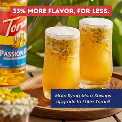 Torani syrup pouring close-up showing thick texture and vibrant color benefit