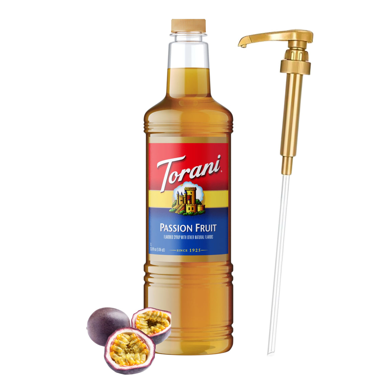 Torani bottle front packaging showing passion fruit flavor and 1L size benefit