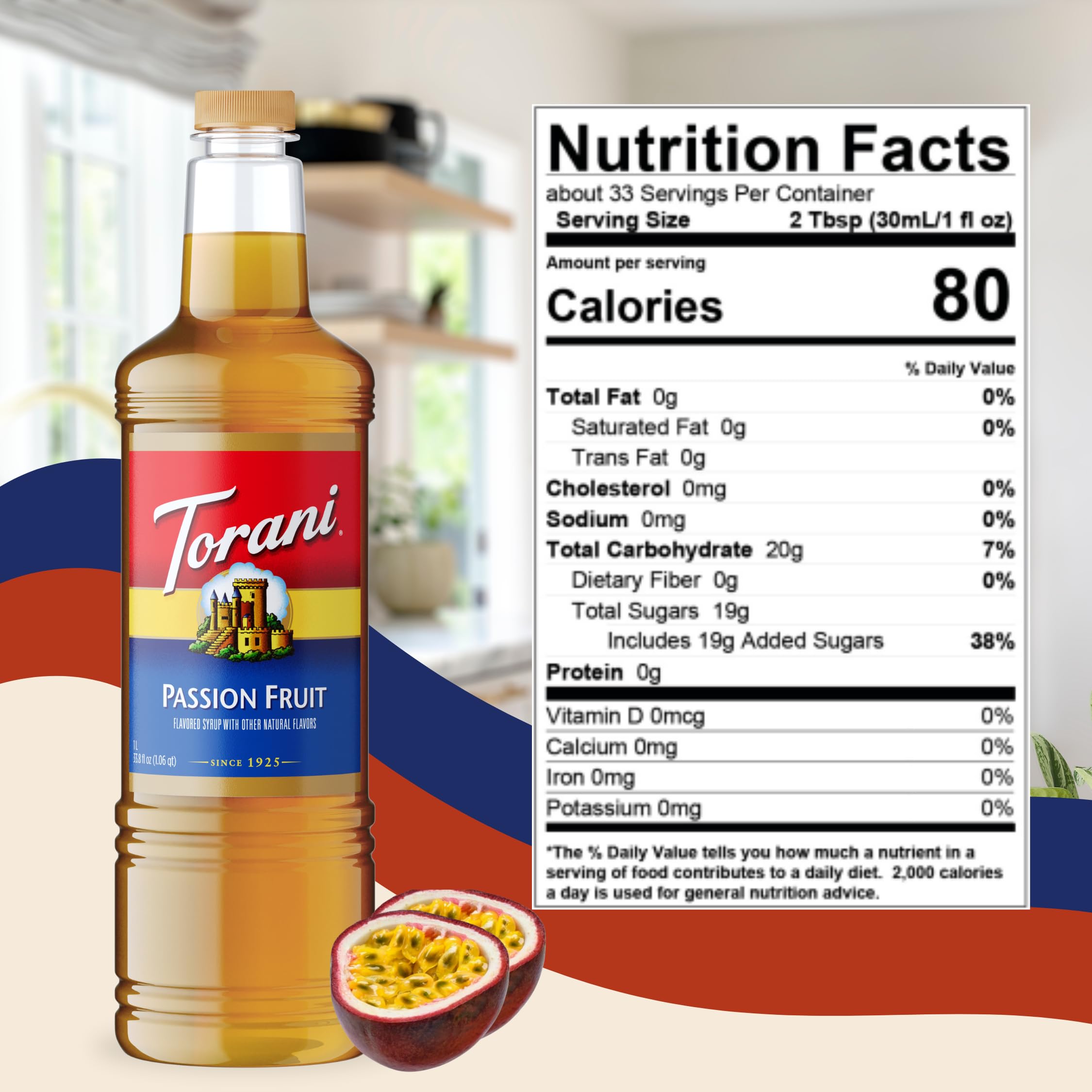 Close-up of Torani label highlighting natural flavors and ingredient transparency
