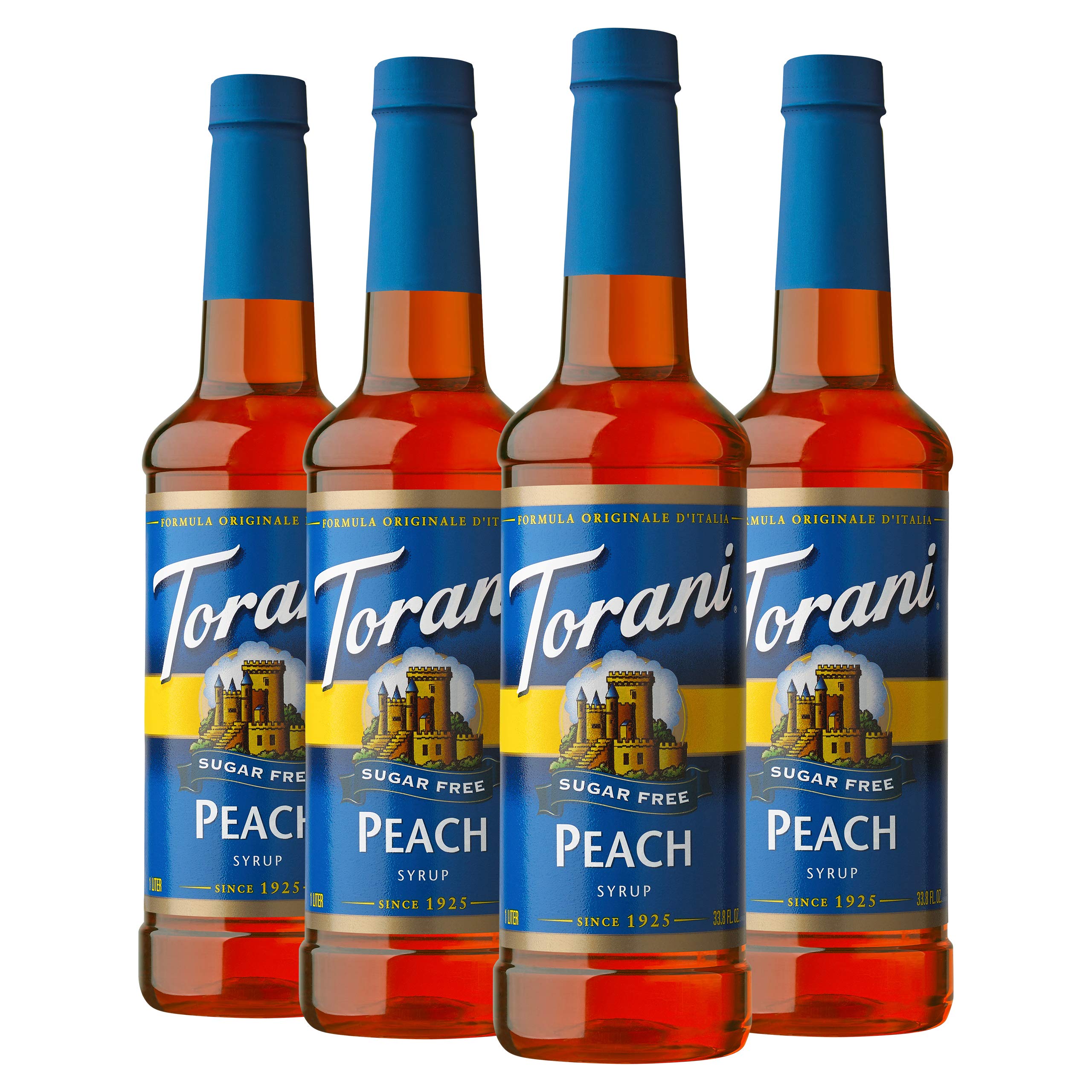 Torani bottle front view showing peach flavor and label for easy identification