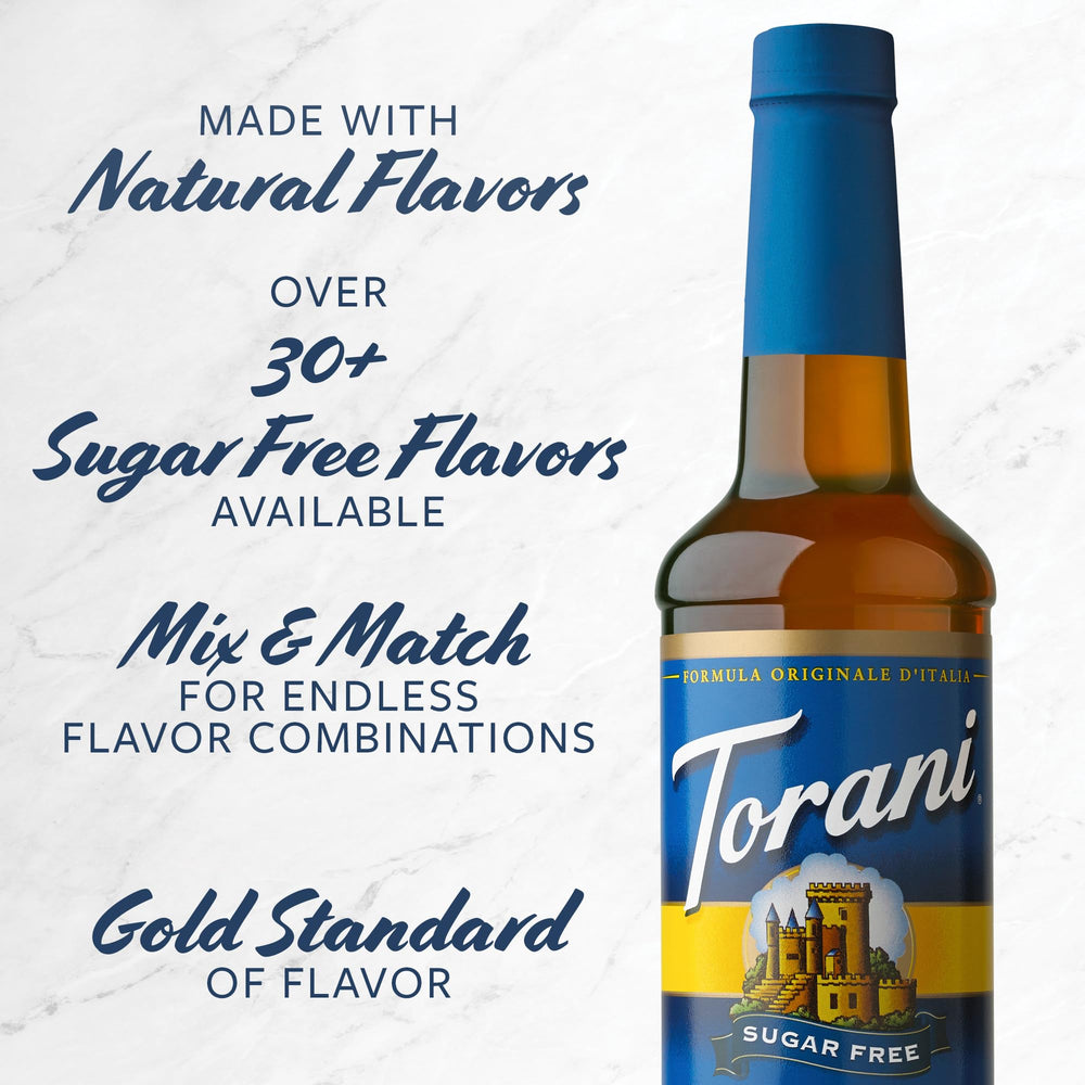 Four-pack of Torani 25.4 fl oz bottles demonstrating value and supply