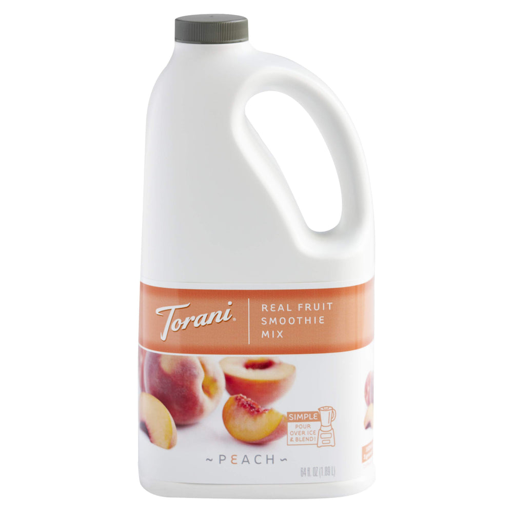 Torani bottle front packaging showing peach label and benefits