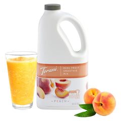 Torani pouring peach smoothie mix into blender for easy preparation