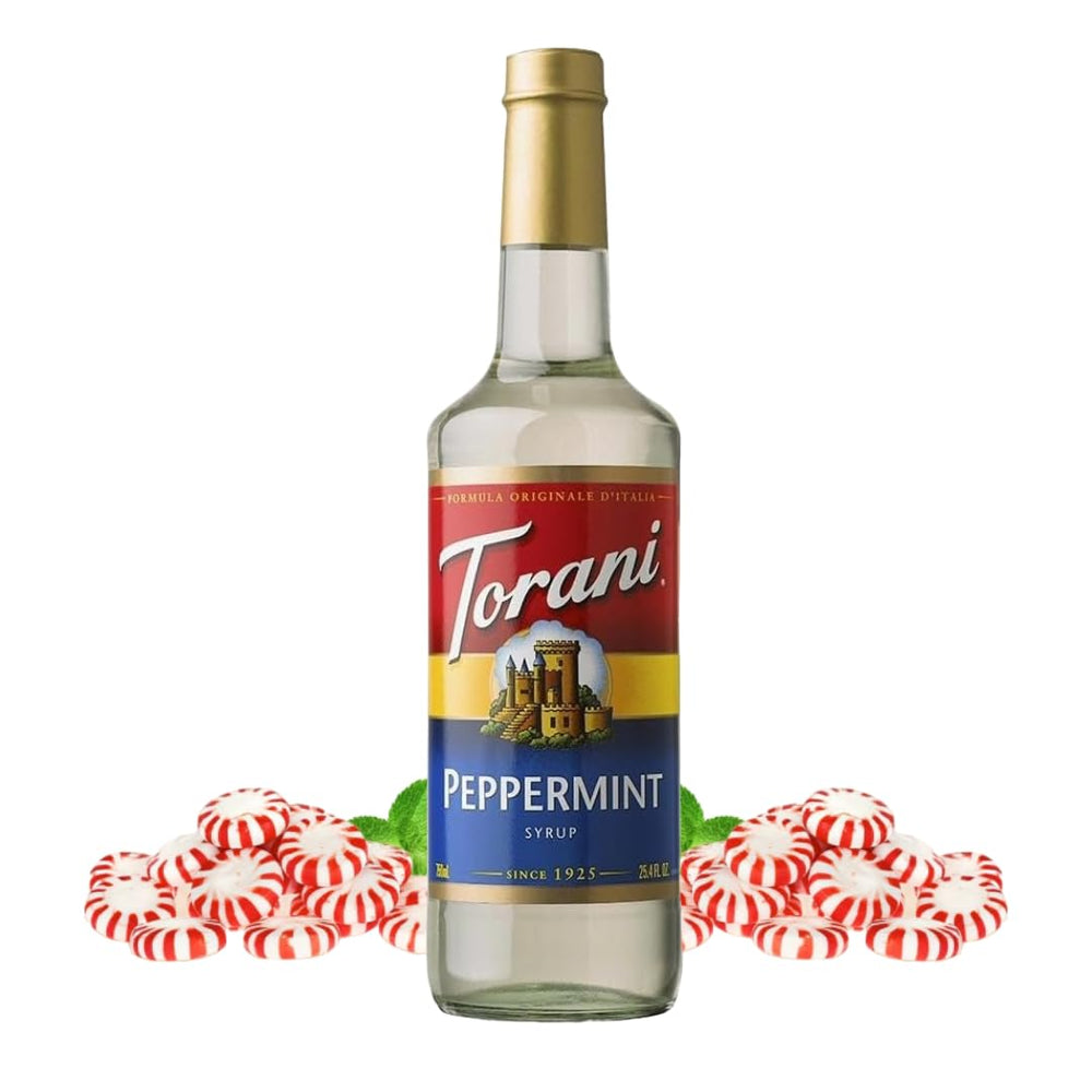 Torani peppermint bottle front label showing flavor and size, brand clarity benefit