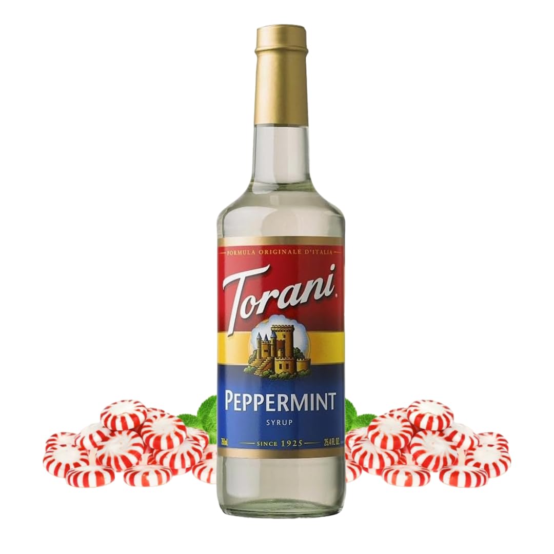 Torani peppermint bottle front label showing flavor and size, brand clarity benefit