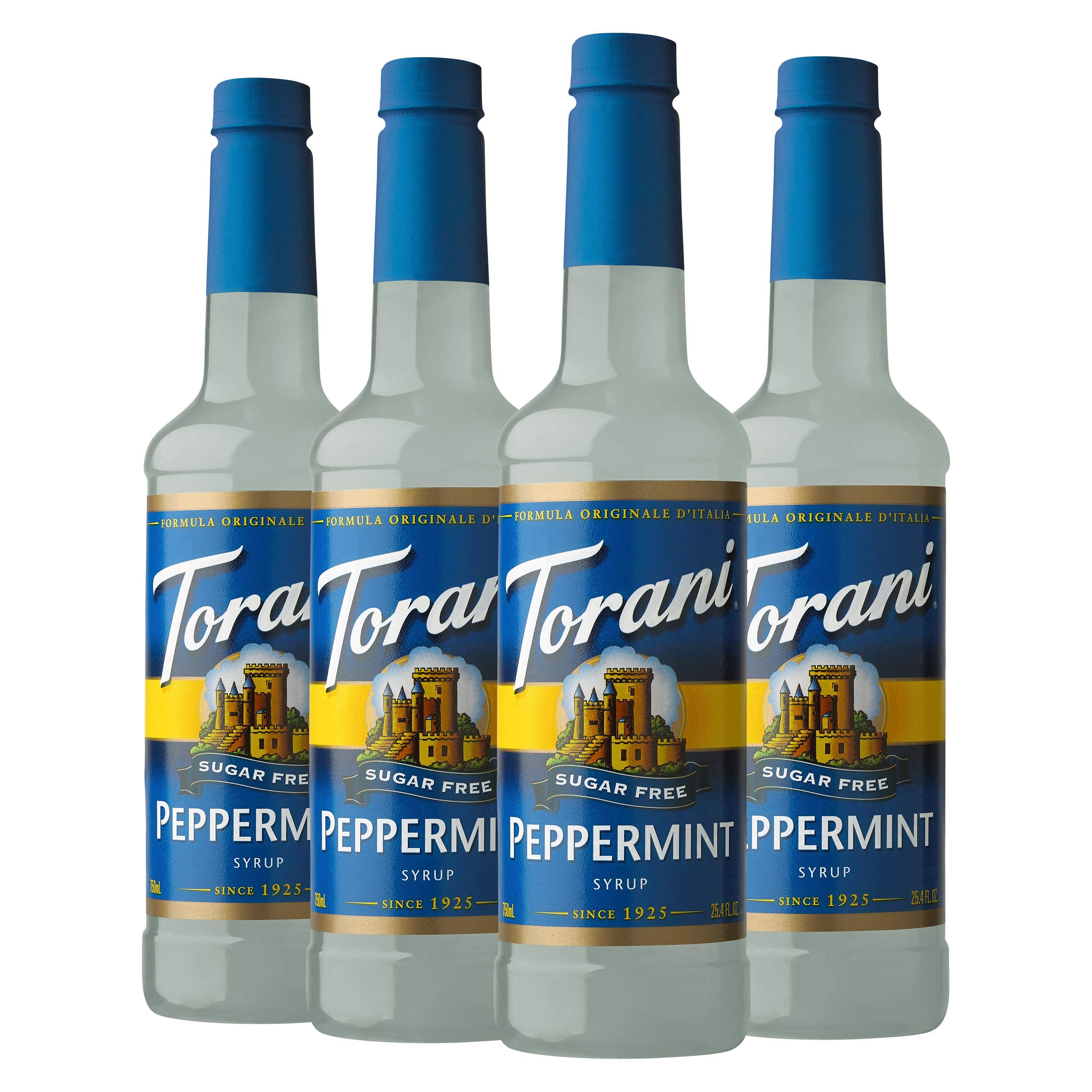 Torani peppermint syrup front packaging showing bottle and brand benefit
