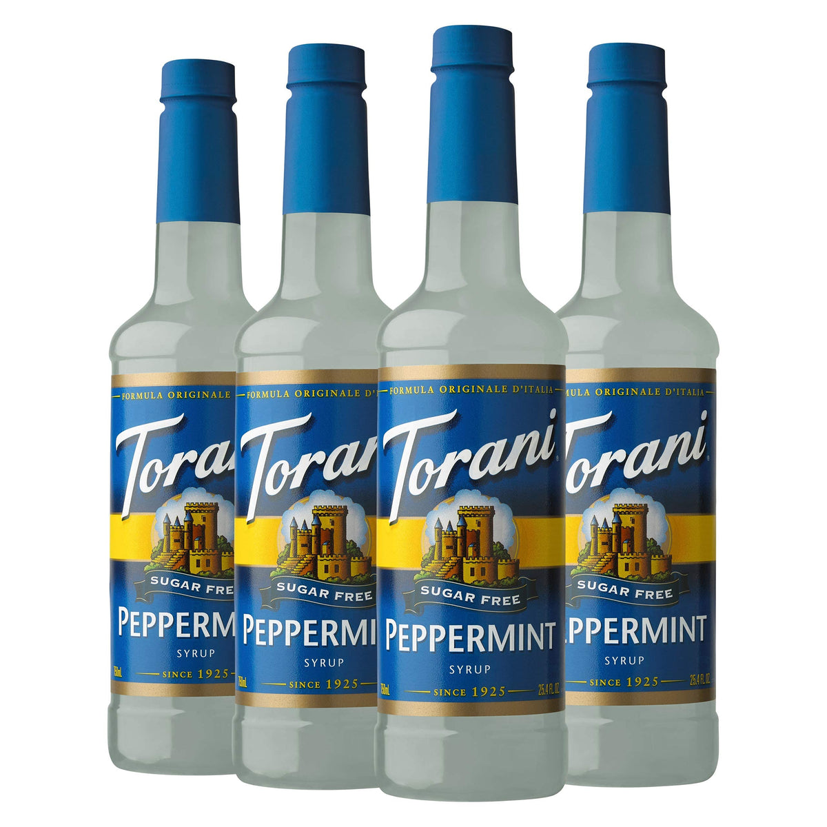 Torani peppermint syrup front packaging showing bottle and brand benefit