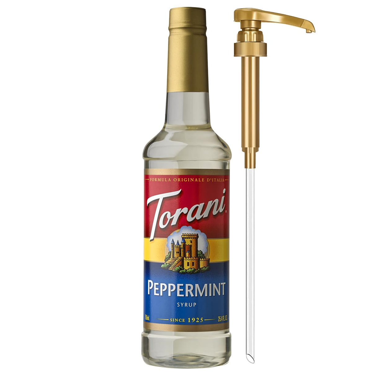 Torani peppermint front packaging showing bottle and label, clear brand benefit