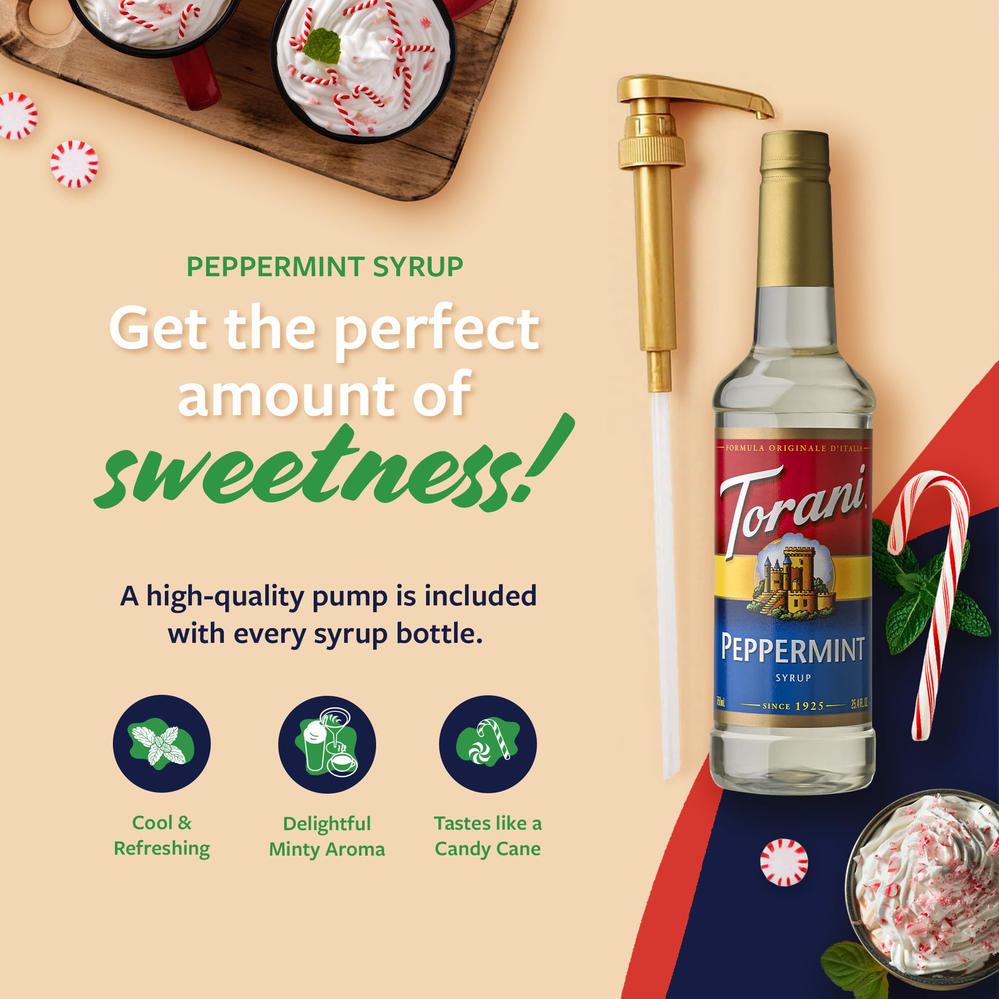 Torani peppermint label detail with ingredients visible, brand assures quality benefit