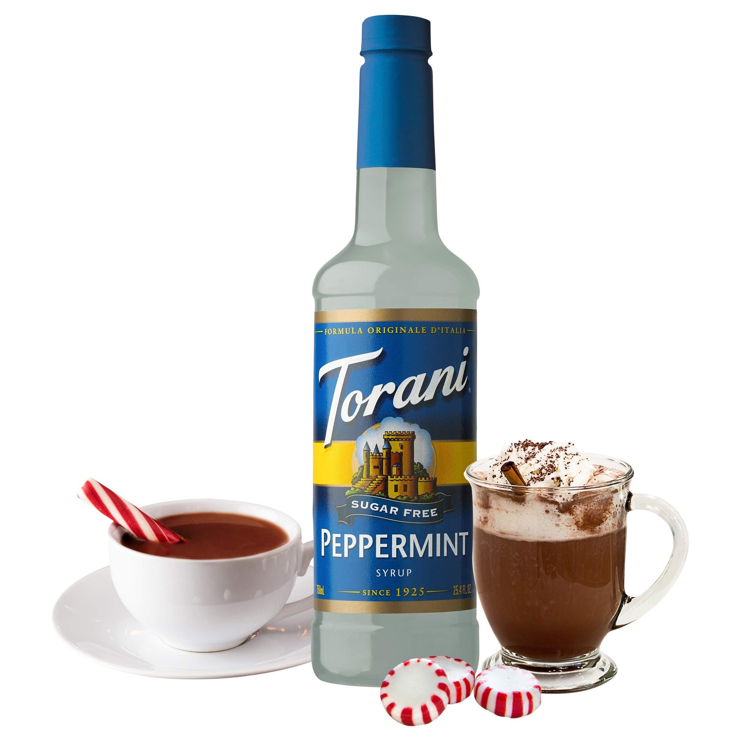 Torani peppermint syrup pouring into cup demonstrating easy dosing