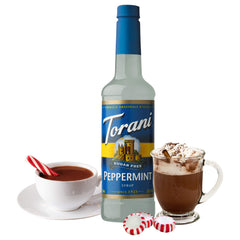 Torani peppermint syrup pouring into cup demonstrating easy dosing
