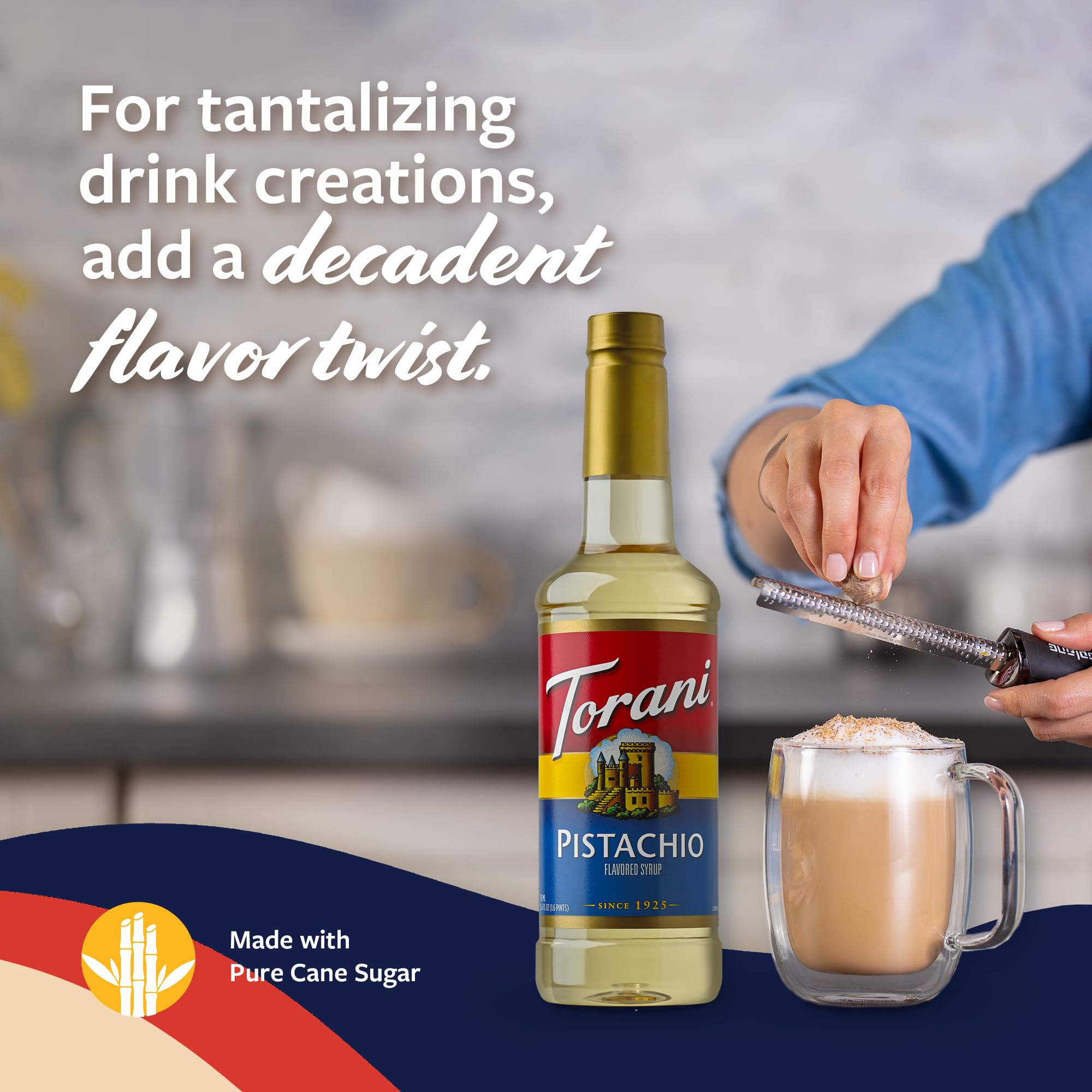 Torani pistachio bottle next to a coffee cup to show 750ml scale and serve suggestion