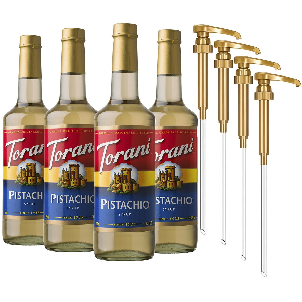 Torani pistachio front packaging showing bottle and label, highlights brand clarity