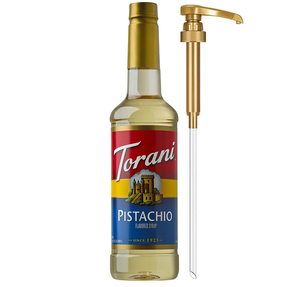 Torani pistachio front packaging showing full glass bottle and pump for easy pouring