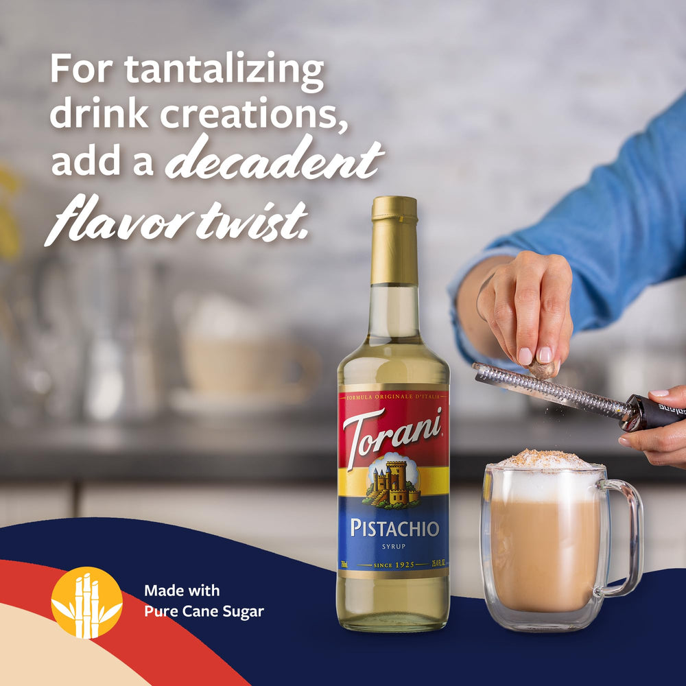 Close-up of Torani pistachio syrup texture pouring, demonstrates smooth mixability