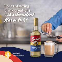 Close-up of Torani pistachio syrup texture pouring, demonstrates smooth mixability