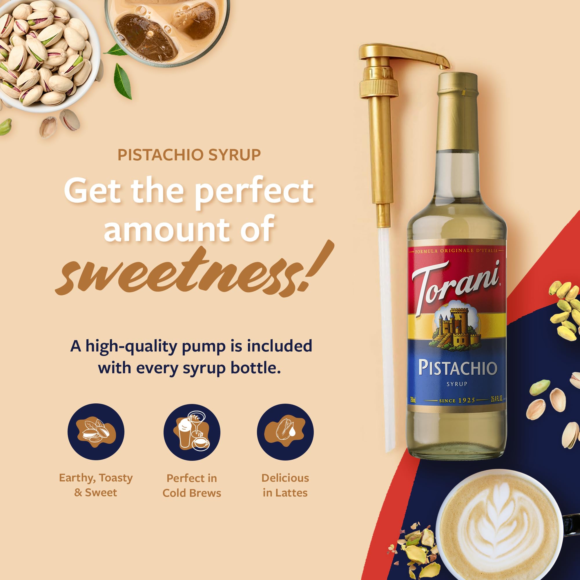 Torani pistachio BPA-free pump detail on bottle, enables consistent portioning