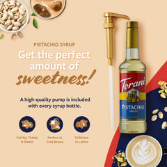 Torani pistachio syrup pouring over espresso to show smooth blending and flavoring
