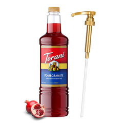 Torani bottle front view showing pomegranate syrup and easy-pour pump benefit