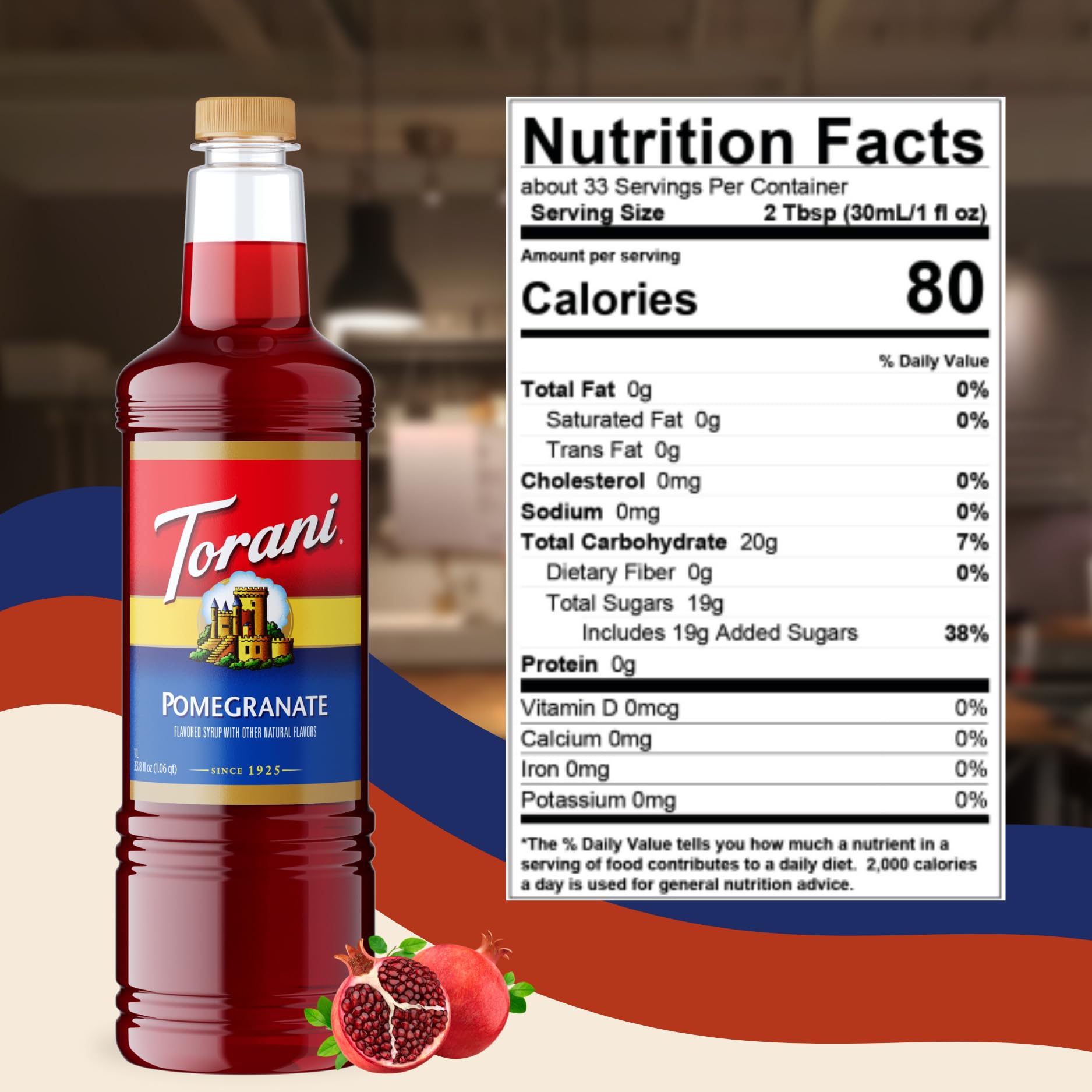 Torani bottle next to coffee cup showing 1L scale and service-friendly size