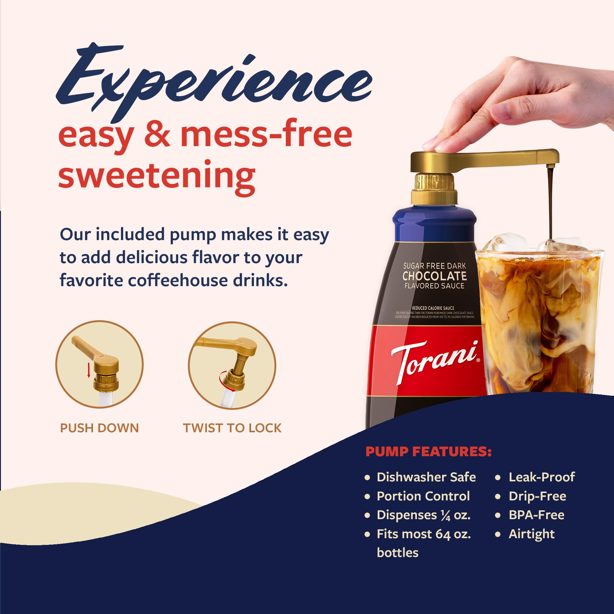 Close-up pour of Torani dark chocolate sauce highlighting thick texture
