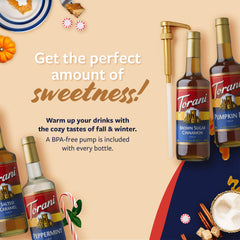 Torani Pumpkin Pie bottle label clearly visible for autumn flavor identification