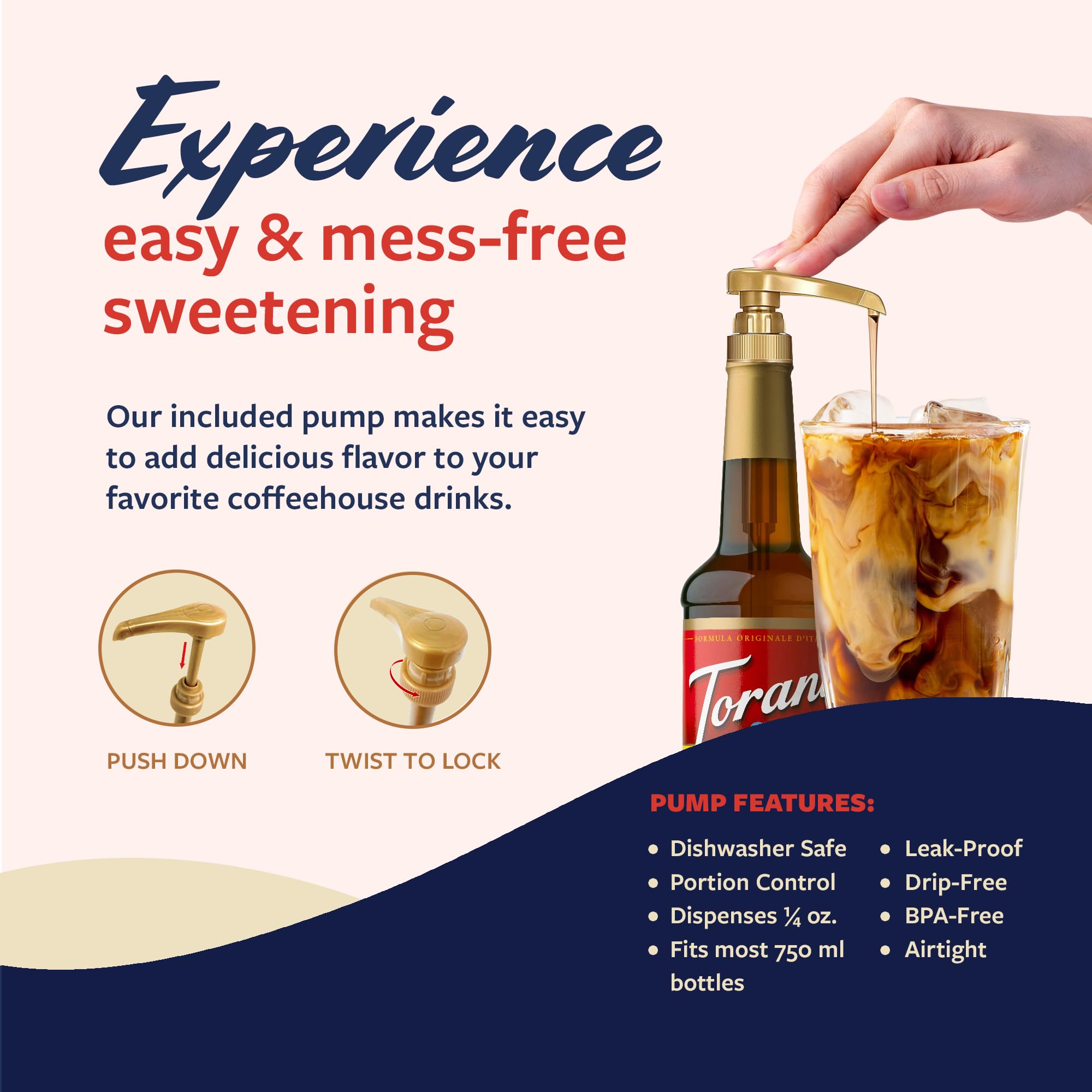 Torani bottle next to a coffee cup showing large 750ml size benefit