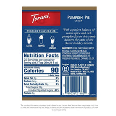 Torani pumpkin pie close-up label highlighting brand and flavor details