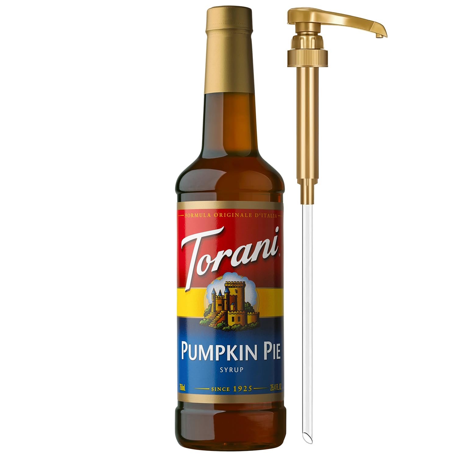 Torani bottle front label showing pumpkin pie flavor and clear branding benefit