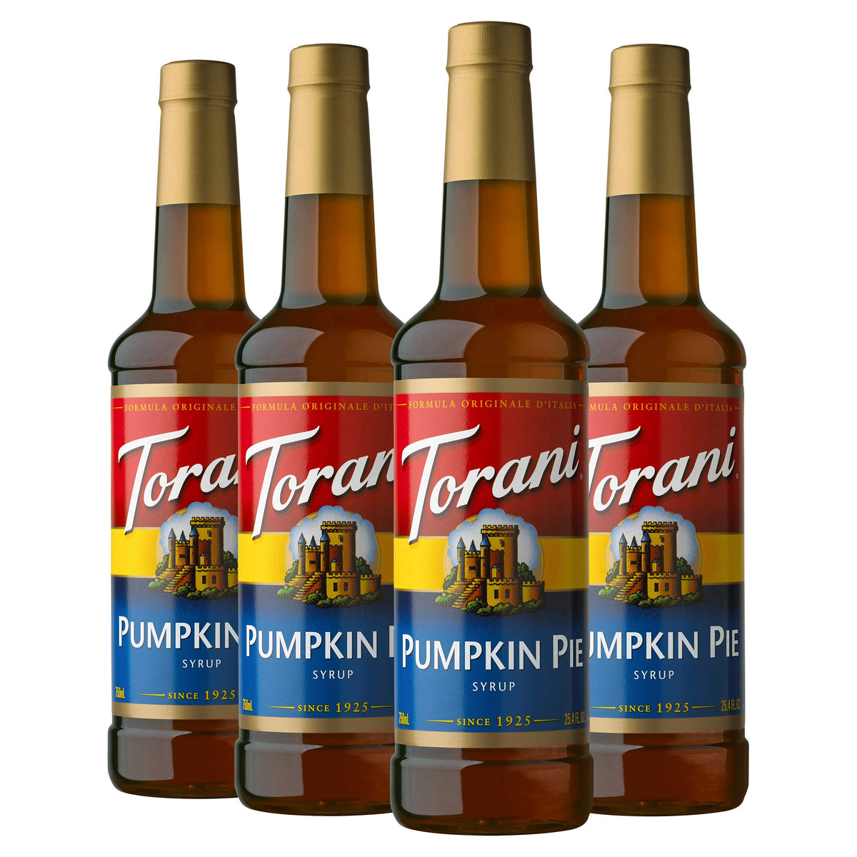 Torani pumpkin pie front packaging showing bottle and 4-pack convenience