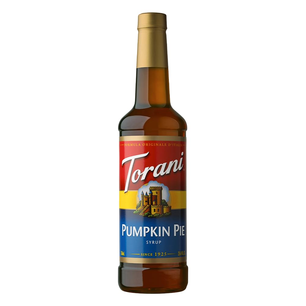Torani bottle front packaging showing pumpkin pie flavor and benefits