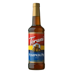 Torani bottle front packaging showing pumpkin pie flavor and benefits