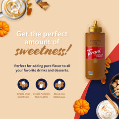 Torani sauce being poured into latte, demonstrating brand and enhanced seasonal coffee flavor