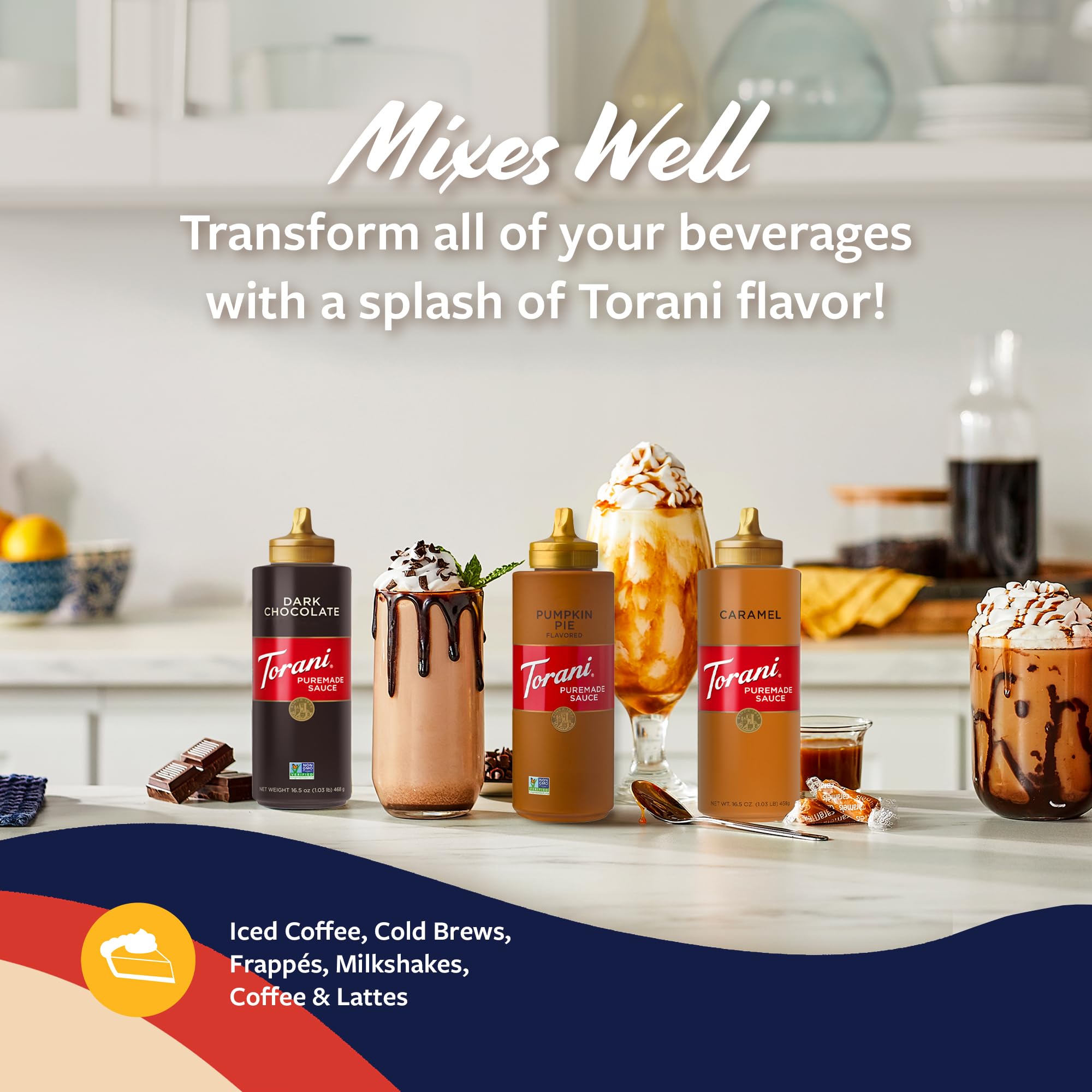 Torani drizzle over slice of cake, brand image with finishing-sauce visual appeal benefit