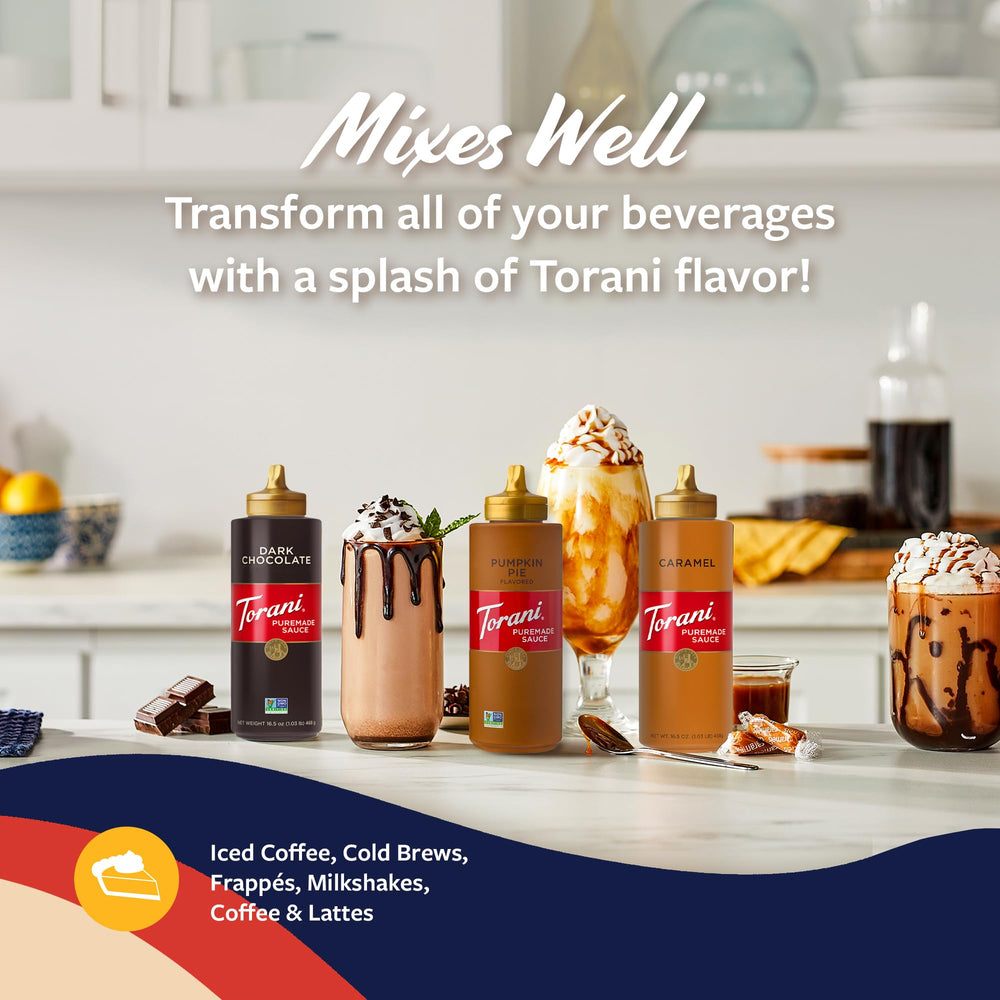 Torani drizzle over slice of cake, brand image with finishing-sauce visual appeal benefit
