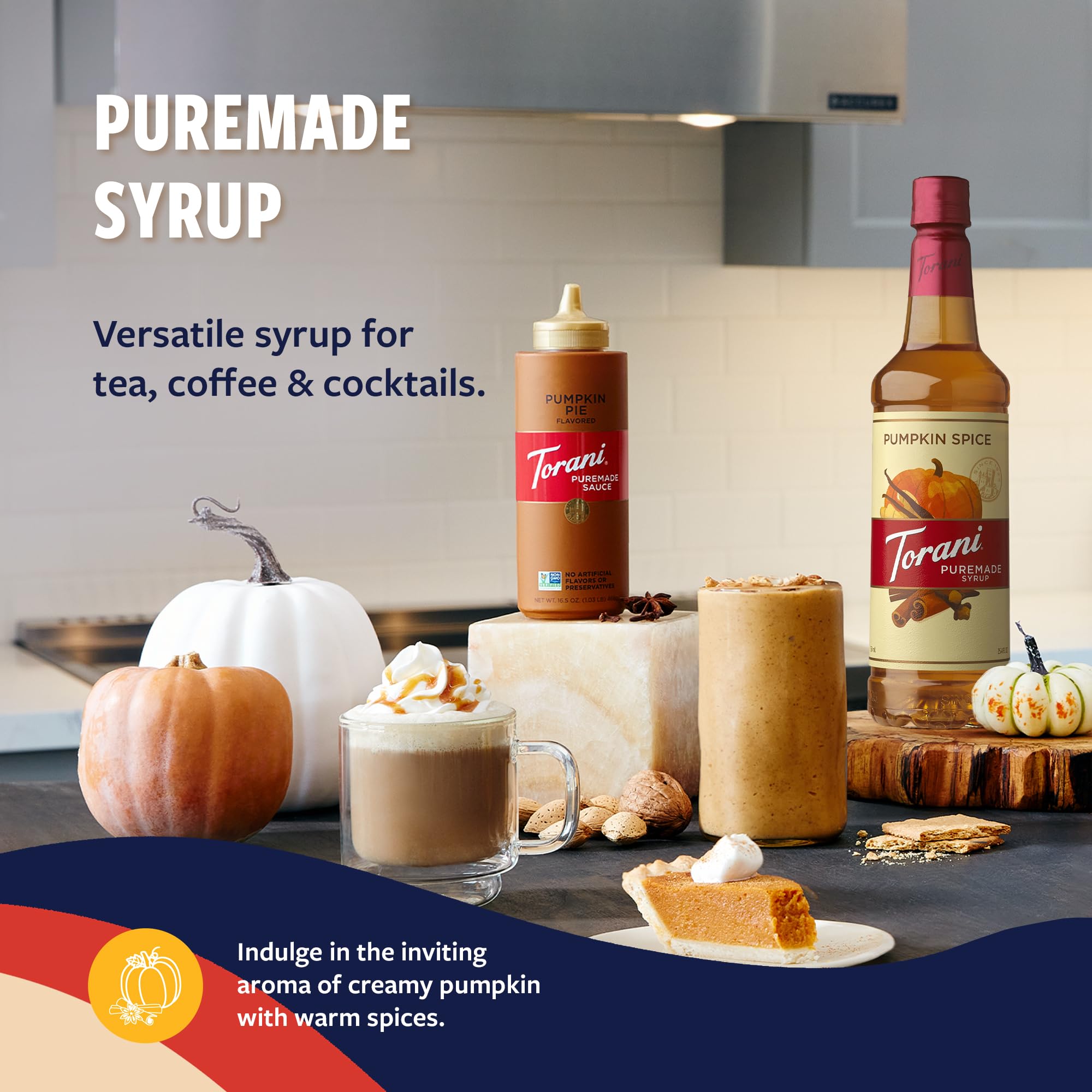 Torani Pumpkin Spice syrup being poured into a latte for quick seasonal flavor