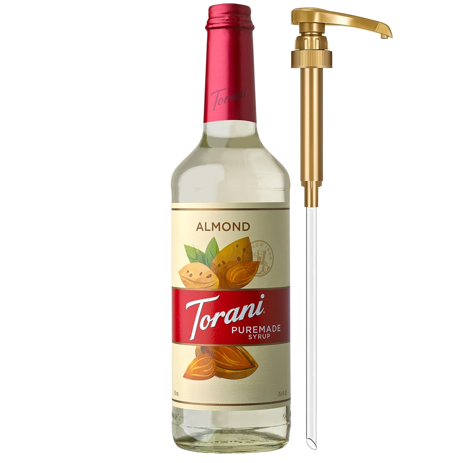 Torani bottle front view showing Puremade Almond label and elegant glass bottle benefit presentation