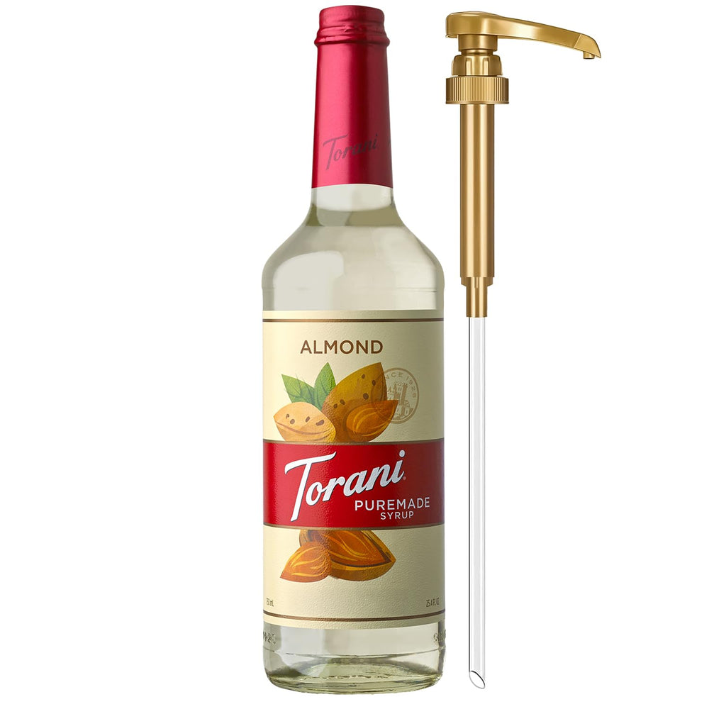 Torani bottle front view showing Puremade Almond label and elegant glass bottle benefit presentation