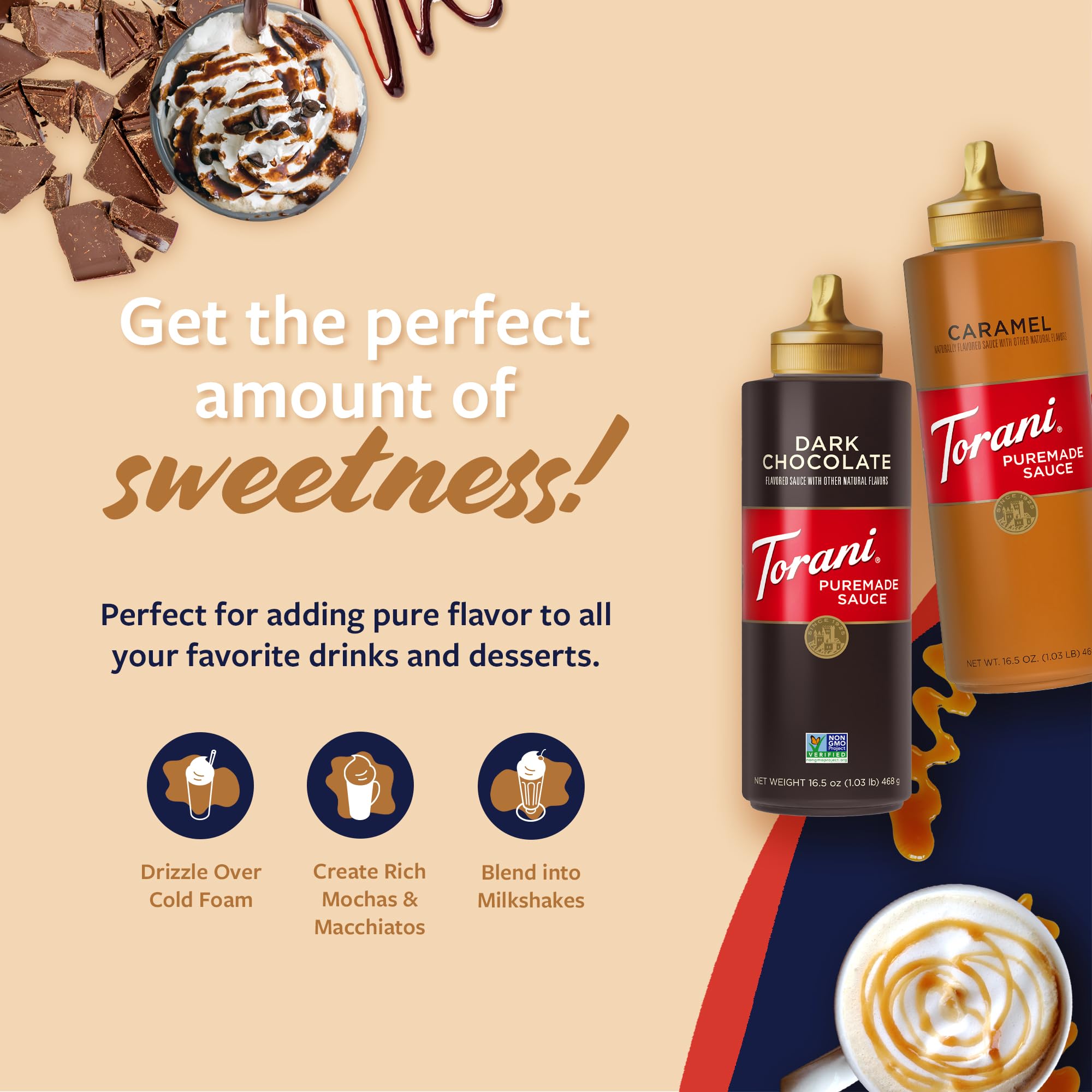 Torani Puremade dark chocolate closeup showing rich color and creamy pour for intense cocoa flavor