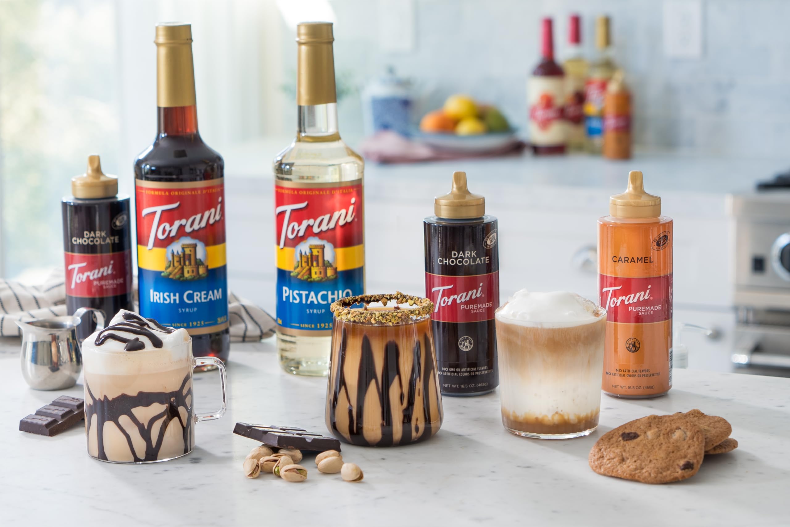 Torani Puremade caramel drizzling over ice cream for rich flavor and glossy finish