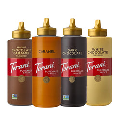 Torani Puremade four bottles front view showing flavor variety and easy identification