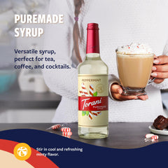 Torani Puremade peppermint syrup pouring into a latte for quick flavoring and consistent taste benefit