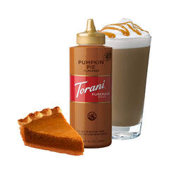 Torani bottle pouring sauce into glass to show texture and easy mixing benefit