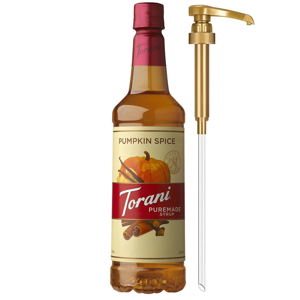 Torani bottle front label showing Puremade Pumpkin Spice and seasonal flavor benefits