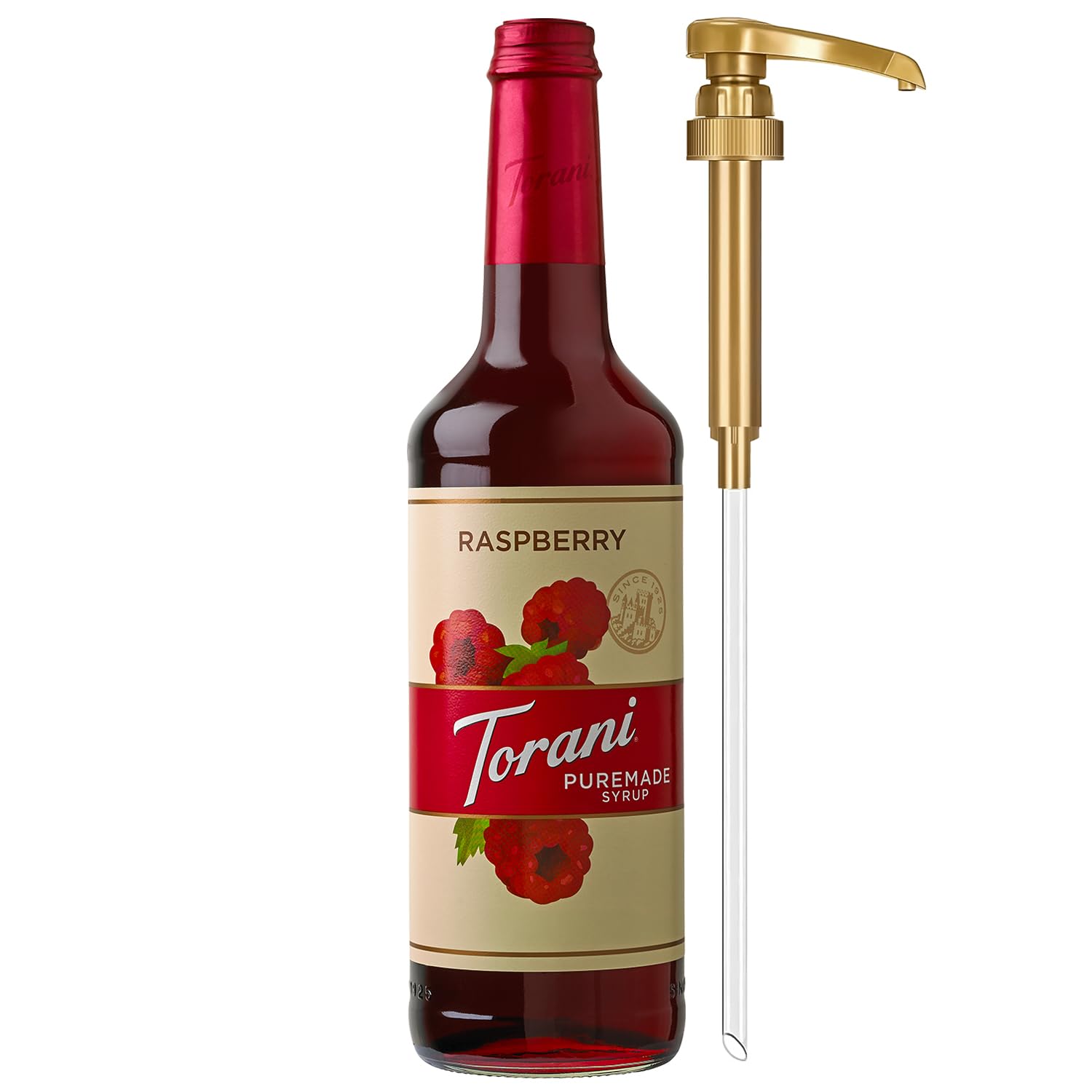 Torani Puremade raspberry front packaging showing bottle and branding benefit convenience