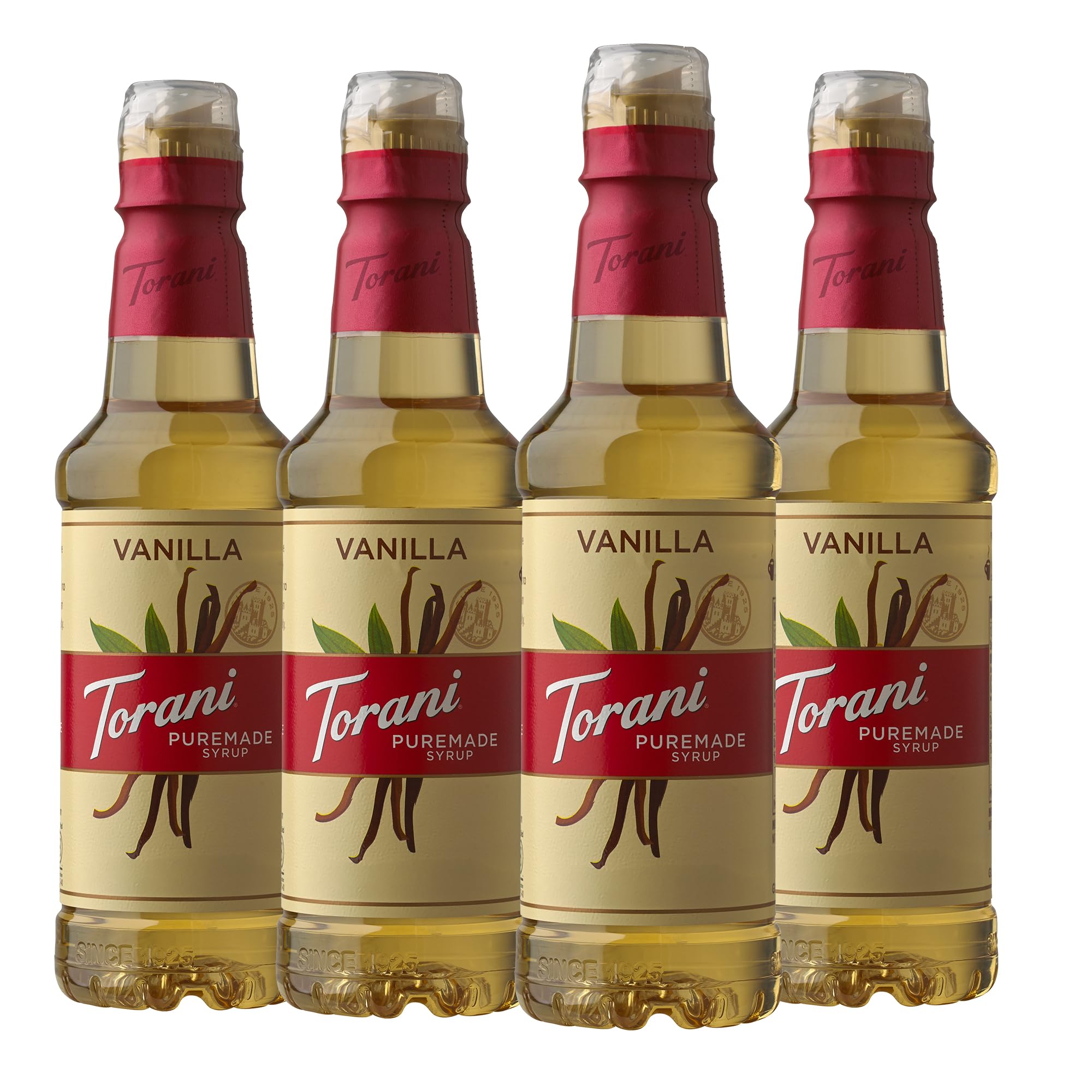 Torani Puremade vanilla front pack shows four bottles and clear labeling benefit: consistent supply