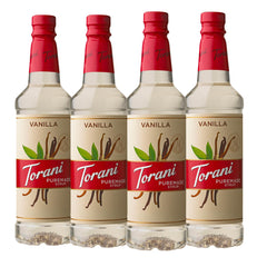 Torani bottle front packaging showing Puremade Vanilla for flavorful drinks