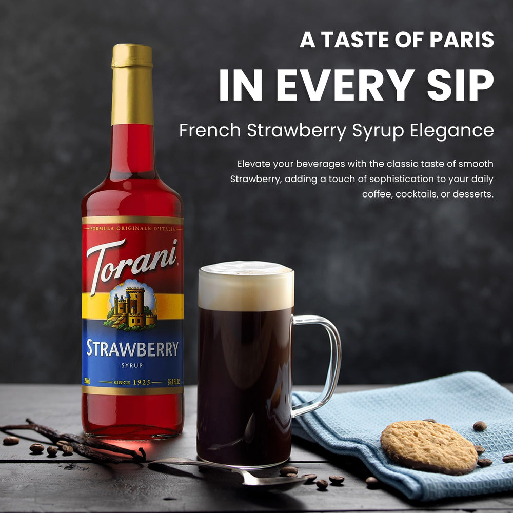 Torani Raspberry bottle close-up highlighting label and syrup color for flavor clarity