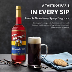 Torani Raspberry bottle close-up highlighting label and syrup color for flavor clarity