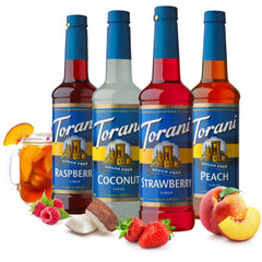 Torani raspberry bottle label close-up highlighting natural fruit flavor and mixability benefits